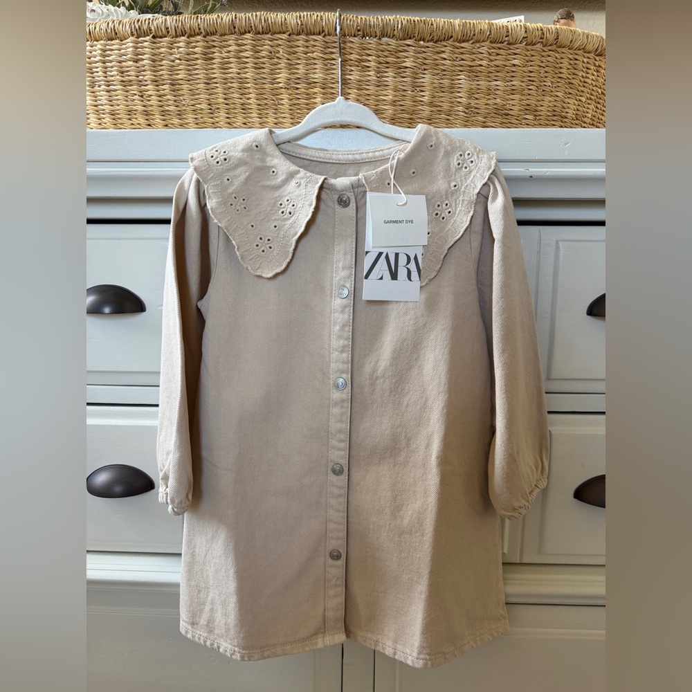 ZARA Beige Eyelet Collar Button-Front Dress NWT